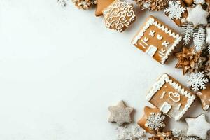 Natal composição com presente caixas, cartão bolas abeto galhos pinho cones com cópia de espaço. Natal de ai gerado foto