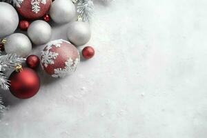 Natal composição com presente caixas, cartão bolas abeto galhos pinho cones com cópia de espaço. Natal de ai gerado foto