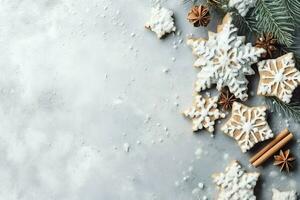 Natal composição com presente caixas, cartão bolas abeto galhos pinho cones com cópia de espaço. Natal de ai gerado foto