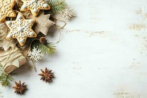 Natal composição com presente caixas, cartão bolas abeto galhos pinho cones com cópia de espaço. Natal de ai gerado foto