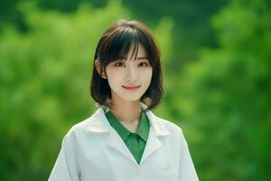 ai gerado uma jovem adulto coreano fêmea médico com casaco branco foto