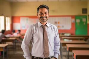 ai gerado a indiano masculino professor sorridente dentro a Sala de aula foto