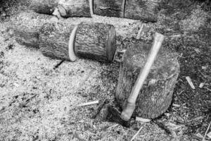 fotografia sobre o tema grande machado de aço com cabo de madeira foto