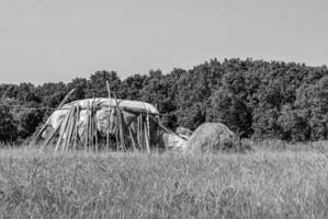 fotografia sobre o tema grande palheiro seco no campo de fazenda de grama foto