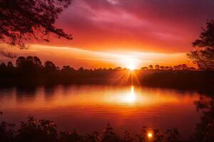 ai gerado a Sol conjuntos sobre uma lago com árvores e arbustos foto