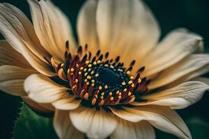 ai gerado uma fechar acima do uma flor com uma Preto fundo foto