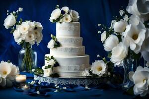 ai gerado uma branco Casamento bolo com azul flores foto