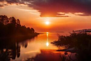 ai gerado uma pôr do sol sobre uma lago com árvores e água foto