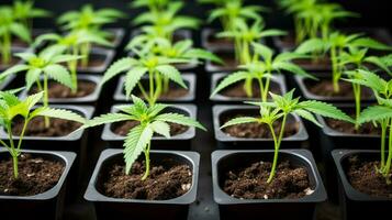 ai gerado cannabis plantas dentro panelas em uma mesa foto