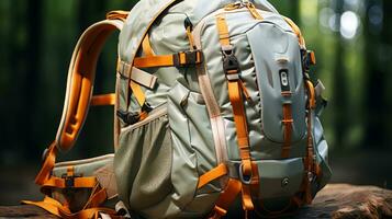 ai gerado mochila em a terra dentro a floresta. viagem e aventura conceito. foto