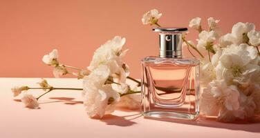 ai gerado uma garrafa do perfume com flores em uma Rosa fundo foto