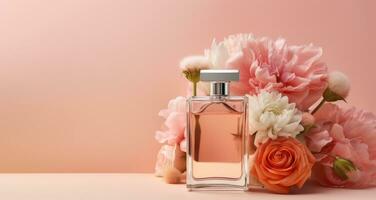 ai gerado uma garrafa do perfume com flores em uma Rosa fundo foto