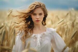 ai gerado retrato do uma lindo jovem Loiras mulher dentro uma branco vestir corrida através a dourado trigo campo às pôr do sol .ai gerado foto