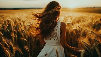 ai gerado foto jovem lindo e feliz mulher dentro uma branco vestir dentro a trigo campo às pôr do sol .ai gerado
