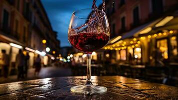 ai gerado generativo ai, vidro do vermelho vinho em de madeira mesa com borrão fundo com luzes do rua bar, cafeteria ou restaurante foto
