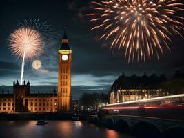 ai gerado grande ben e casas do parlamento com fogo de artifício foto