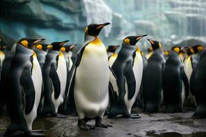 ai gerado grupo do rei pinguins dentro a jardim zoológico. animal proteção conceito, uma grupo do rei pinguins cativa observadores dentro a jardim zoológico, exibindo uma animais selvagens cena a partir de natureza, ai gerado foto