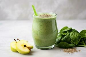 ai gerado saudável verde batido com espinafre, maçã e chia sementes, uma saudável verde batido com chia sementes, espinafre, e maçã é apresentado em uma luz fundo, ai gerado foto