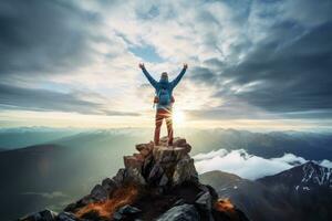 ai gerado jovem mulher caminhante com elevado mãos em pé em topo do uma montanha e desfrutando a visualizar, uma caminhante a comemorar sucesso em a cume do uma montanha, mãos elevado alto, ai gerado foto