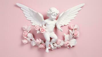 ai gerado bebê querubim mármore estátua dentro Rosa rosas ai gerado fundo imagem foto