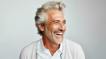 ai gerado foto decada de 50 meio envelhecido idosos Senior modelo homem com cinzento cabelo sorridente branco fundo. ai gerado