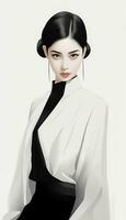 ai gerado moda arte retrato do lindo chinês mulher com abstrato Preto e branco roupas. ai gerado foto