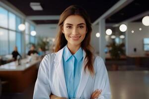 ai gerado médico conceito lindo fêmea médico dentro branco casaco, estetoscópio, hospital background.ai gerado foto