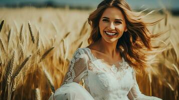 ai gerado noiva durante uma Casamento às uma foto tiro dentro a campo menina dentro uma branco vestir em uma trigo campo dentro pôr do sol ai gerado