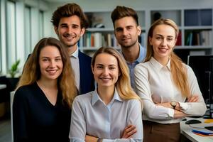 ai gerado foto homem de negocios e colegas dentro escritório sorridente e conversando, trabalho em equipe às office.ai gerado