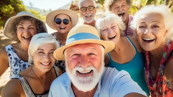 ai gerado grupo do elegante olhando Senior pessoas levando selfie com Smartphone, feliz e sorrindo.ai gerado foto