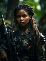 ai gerado pele escura jovem menina dentro cheio comprimento militares uniforme com arma dentro mão dentro a selva. alimentado de artificial inteligência. foto