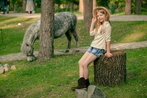 alegre interpolação menina sentado em toco dentro verde parque com cinzento pónei pastar em Relva dentro fundo foto