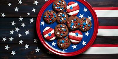 ai gerado plano deitar para EUA independência dia. prato do biscoitos com americano bandeira. fofa símbolo do América, feriado às lar, caseiro biscoitos foto