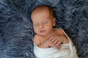 recém-nascido bebê Garoto dentro cama. Novo nascermos criança dormindo debaixo uma branco tricotado cobertor. crianças dormir. foto