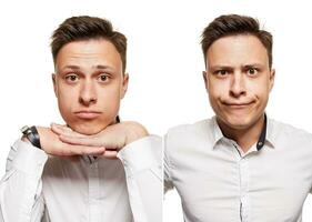 jovem homem com a expressivo face, vestindo branco camisa, isolado em branco fundo foto