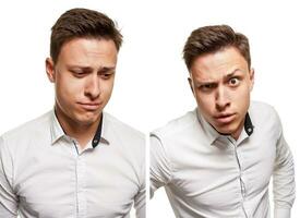 jovem homem com a expressivo face, vestindo branco camisa, isolado em branco fundo foto