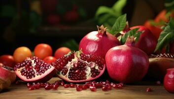 ai gerado uma fechar acima do romãs com frutas dentro eles foto