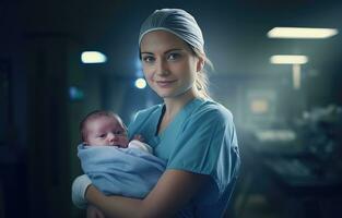 ai gerado uma enfermeira vestindo esfrega segurando uma bebê debaixo dela braços foto
