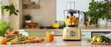 ai gerado uma Comida processador dentro uma cozinha é levando cenouras foto