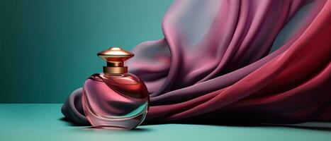 ai gerado a elegante perfume garrafa em luz azul fundo com Rosa cabelo foto