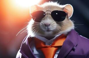 ai gerado uma hamster é vestindo uma couro Jaqueta e oculos de sol foto