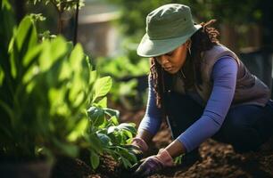 ai gerado Preto mulher dentro jardinagem luvas aração plantas foto