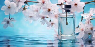 ai gerado delicado sakura flores em a garrafa do perfume foto