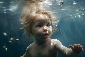 ai gerado fechar-se adorável pequeno bebê embaixo da agua foto