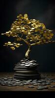 ai gerado dinheiro árvore crescendo a partir de moedas em Sombrio fundo foto