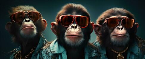 ai gerado três macacos dentro oculos de sol estão vestido acima para uma desempenho foto