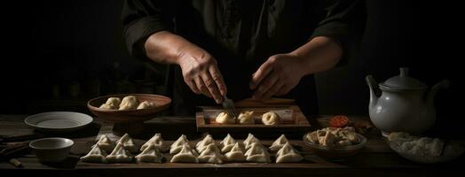 ai gerado uma homem colocação dumplings para uma mesa foto