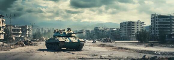 ai gerado sírio exército tanque vôo através a cidade ruas foto