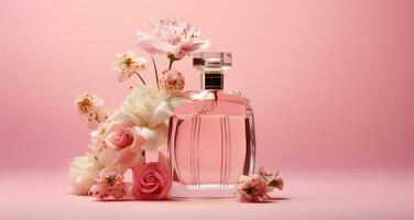 ai gerado uma perfume garrafa em uma Rosa fundo foto