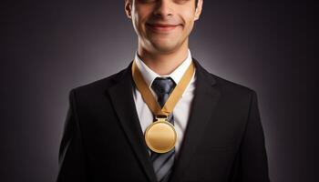 ai gerado feliz homem de negocios vestindo uma ouro medalha. o negócio conceito foto